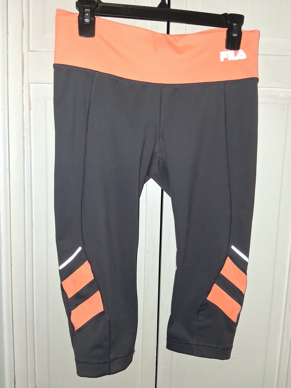 FILA Running Black Capri Leggings with Coral Waistband and Accents